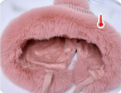 Outdoor Warm Earflap Beanie Hat with Brim Baseball Slouchy Knitted Visor Skull Caps for Women Men Black - color: Pink