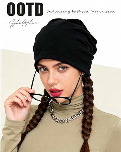 ROYBENS 100% Cotton T-Shirt Beanie for Women Men Slouchy Soft Skull Cap - color: 2pcs-black, Army Green