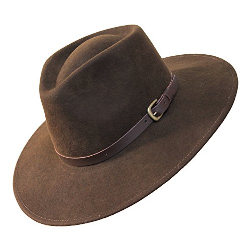 B&S Premium Lewis - Wide Brim Fedora Hat - 100% Wool Felt - Water Resistant - Leather Band - color: Dark Brown, size: 7 1/2-7 5/8