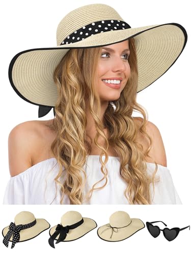 Sun Beach Straw Hats for Women, Summer Wide Brim Hat - color: Beige Black, size: Large