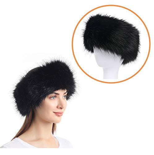 LA CARRIE Faux Fur Headband with Stretch Women's Winter Earwarmer Earmuff - color: Black & Natural