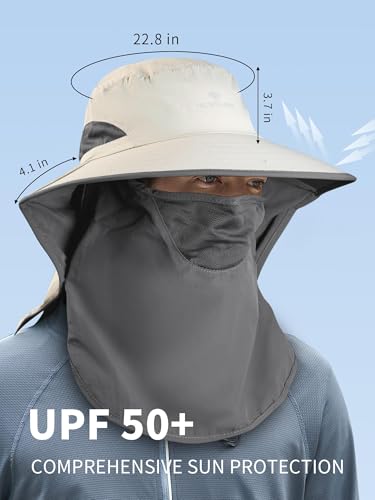 Fishing Hat, Men's Sun Hat, Anti-UV Sun Protection Wide Brim Fisherman Hat with Neck & Face Flap Cover, XL - color: Khaki, size: Large-X-Large