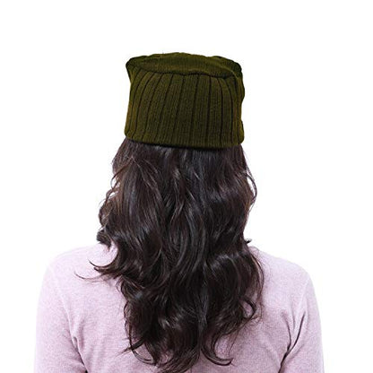 Solaris Army Style Flat Top Knit Cap Beanie WinterHat with Visor, for Women & Men - color: Olive