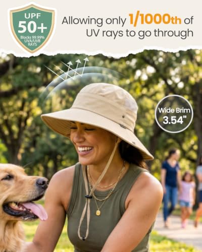 2-in-1 Womens Bucket Sun Hats, Sun Visor Hat, UPF 50+ Wide Brim, Ponytail-Friendly, Packable, Hiking Outdoor - color: Khaki