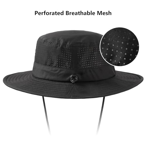 BASSDASH UPF 50+ Water-Resistant Fishing Bucket Hat with Laser Perforated Mesh Adjustable for Men Women Outdoor Hiking - color: Black