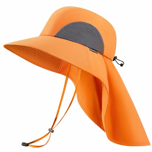 UPF 50+ Foldable Sun Hats Wide Brim with Large Neck Flap for Men Women UV Protection Gardening Fishing Beach Hat - color: Orange
