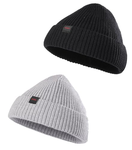 2 Pack Fisherman Beanie Hats for Men Women,Knit Trawler Skull Cap,Watch Cap,Spring Fall Winter Warm Short Hats - color: (Thick Stretchy) 2pcs:black+grey(m)