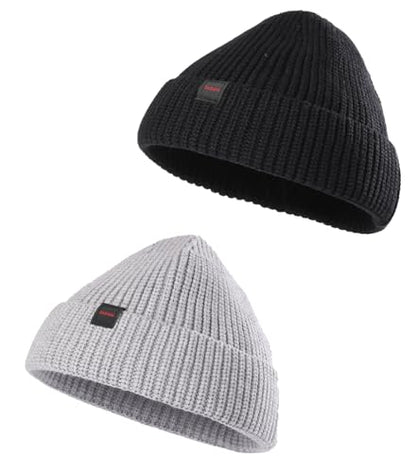2 Pack Fisherman Beanie Hats for Men Women,Knit Trawler Skull Cap,Watch Cap,Spring Fall Winter Warm Short Hats - color: (Thick Stretchy) 2pcs:black+grey(m)