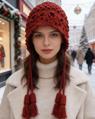 MINGSEECESS Women Girls Knitted Beanie Hat Crochet Braided Knit Warmer Cap Skiing Snowboarding Ear Flap Hats - color: Knitted-red