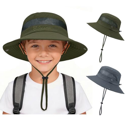 Kids Sun Hat UPF 50+ Safari Bucket Hat for Boys Girls - color: 2 Pack Dark Grey & Army Green, size: Medium