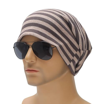 ZLYC Cotton Thin Slouchy Beanie Hat for Men Women Stretch Skull Cap - color: Striped Brown and Khaki, size: One Size