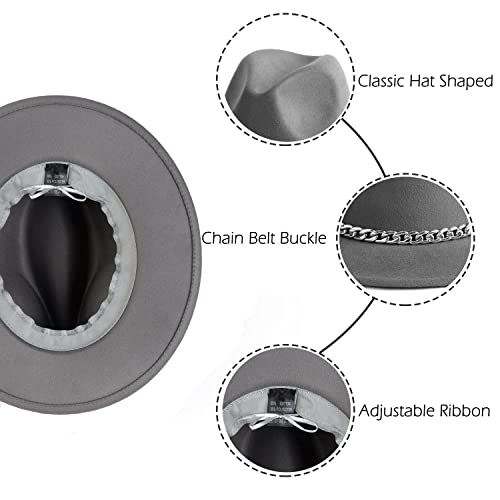 Women Men Wide Brim Fedoran Hat with Chain Belt Buckle - color: Light Grey