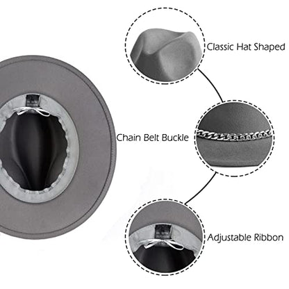 Women Men Wide Brim Fedoran Hat with Chain Belt Buckle - color: Light Grey