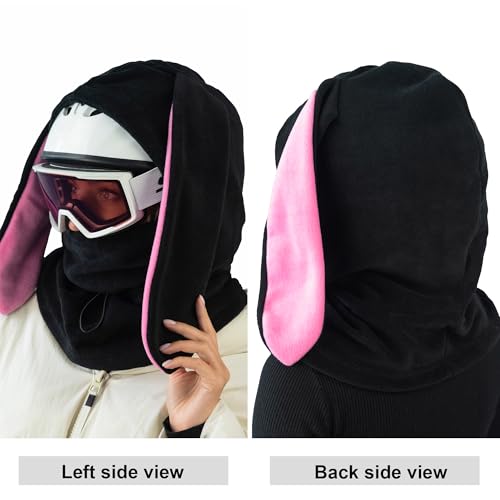 Fleece Balaclava Over Helmet - Warm Helmet Ninja Hood - Snowboard Hooded Hat Neck Gaiter Ski Mask - color: Black&pink|bunny, size: One Size