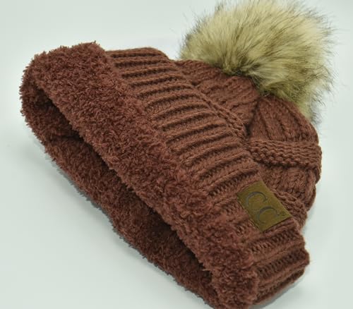 C.C Trendy Fuzzy Fleece Lined Warm Comfortable Soft Stretch Cable Knit Ribbed Faux Fur Pom Pom Beanie Hat - color: Brick