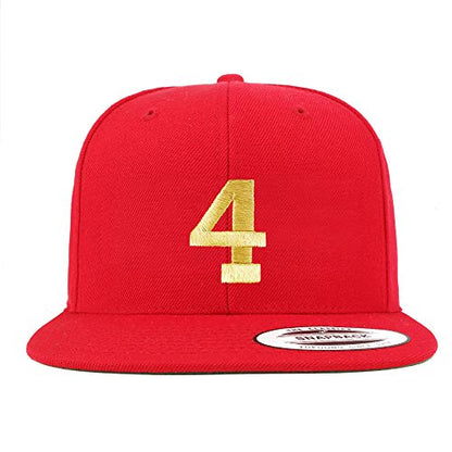 Trendy Apparel Shop Number 4 Gold Thread Flat Bill Snapback Baseball Cap - color: Red