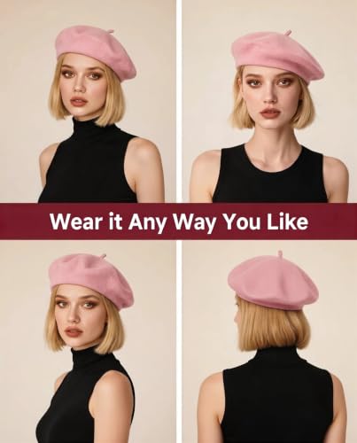Wool French Beret Hats for Women Classic Winter Beanie Cap - color: Pink