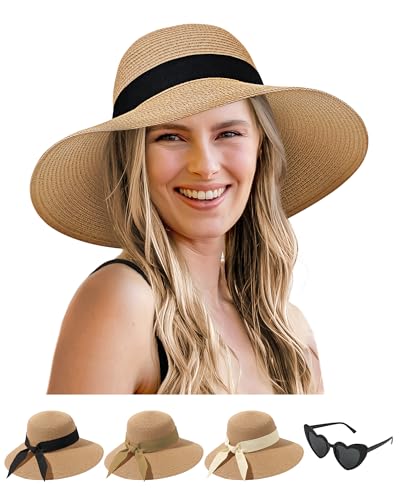 Sun Straw Hats for Women, Wide Brim Summer Beach Hat - color: Khaki, size: X-Large