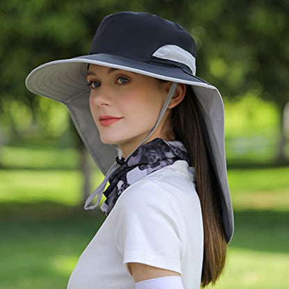 HUAMULAN Women Men Wide Brim Sun Hat Hiking Fishing Hats with Neck Flap - color: Hyp011-black