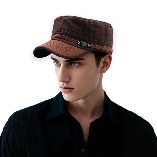Cadet Army Cap for Men Women Military Adjustable Unisex Flat Top Hat - color: Brown