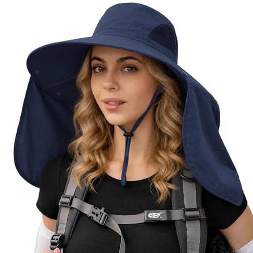 HUAMULAN Women Men Wide Brim Sun Hat Hiking Fishing Hats with Neck Flap - color: Navy Solid