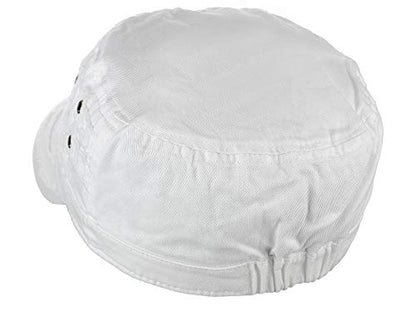 D&Y Unisex 100% Cotton Military Cadet Hat - Distressed Frayed Flat Top Cap - Adjustable Everyday Patrol Hat - color: White