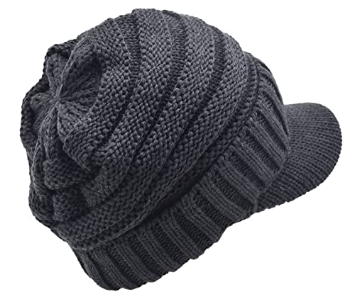 C.C Trendy Warm Oversized Chunky Soft Oversized Ribbed Slouchy Knit Hat with Visor Brim - color: Charcoal Grey