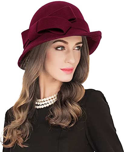 Z&X Women Winter Wool Felt Cloche Bucket Hat 1920s Vintage Gatsby Hat Elegant Bow Church Wedding Hat - color: 026 Burgundy