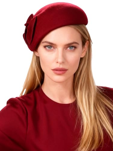 HIMESPORT Wool Felt Fascinator Hats for Women Ladies Female Wedding Cocktail Tea Party Dress Pillbox Hat - color: Wine Red 4