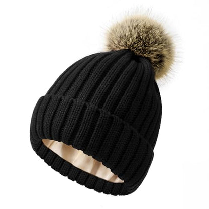 Zando Women's Satin Lined Beanie with Faux Fur Pom Pom - color: Black
