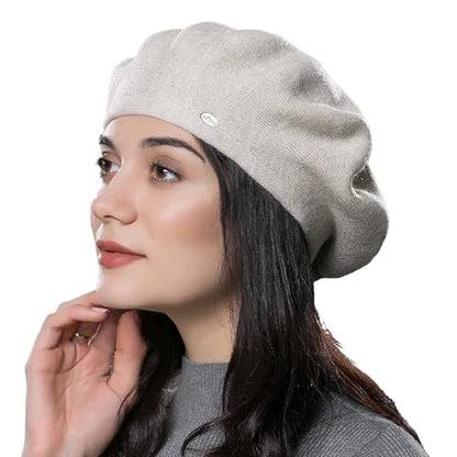 Womens Winter Beret Hat Knitted Beanie Cap Autumn Winter Hat French Classic Beret - color: Rice