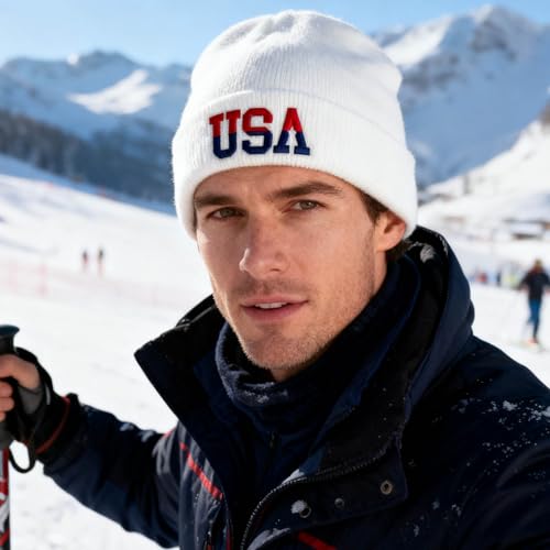 American Flag Beanie, USA Embroidered Winter Hat for Women Men - color: Usa-white
