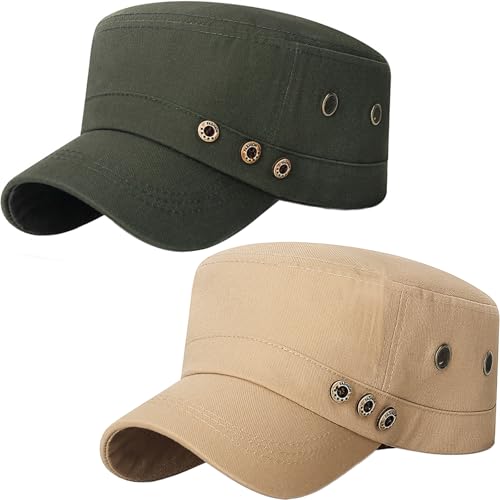 Cadet Army Hat 2 Pieces Flat Top Cap Unisex Military Hat for Women Men - color: Beige C + Army Green C