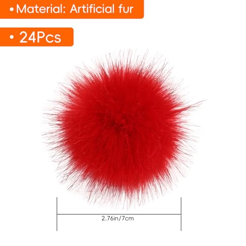 24 Pcs 2.8 Inch Faux Fur Pom Poms for Hats with Elastic Loop - color: Red-24PCS