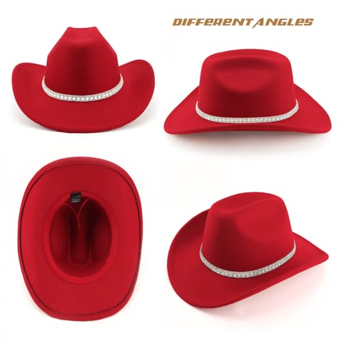 DRESHOW Western Cowboy Hat for Women and Men Wide Brim Glitter Cowboy Cowgirl Hat with Rhinestone Felt Fedora Hats - color: 1 Pack Style 10: Red