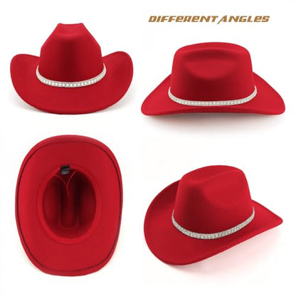 DRESHOW Western Cowboy Hat for Women and Men Wide Brim Glitter Cowboy Cowgirl Hat with Rhinestone Felt Fedora Hats - color: 1 Pack Style 10: Red