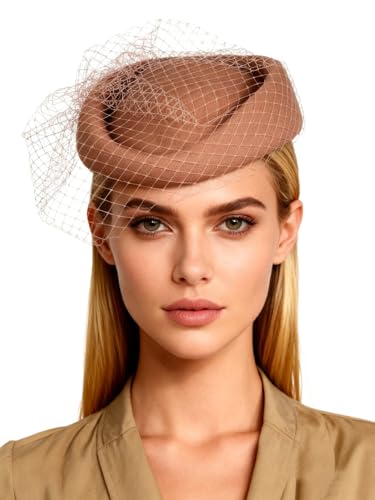 Wool Felt Vintage Beret Wedding Top Hats for Women Elegant Church Fedoras with Veil Ladies Cap Autumn Winter - color: Khaki