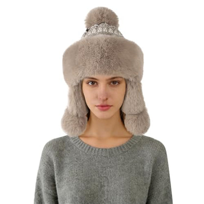 Warmer Faux Fur Trapper Hat for Women, Furry Warm Mongolian Russian Skiing Winter Cold Windproof Earflap Outdoor Cap - color: Khaki 01