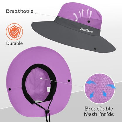 ZOORON Women's Ponytail Safari Sun Hat,Wide Brim UV Protection Bucket Hat - color: 2-purple+grey