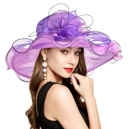 2026 Derby Hats for Women Ladies, Classy Organza Sun Hat, Church Tea Party Wedding Kentucky Fascinator Hat - color: 1j-2462-light Purple