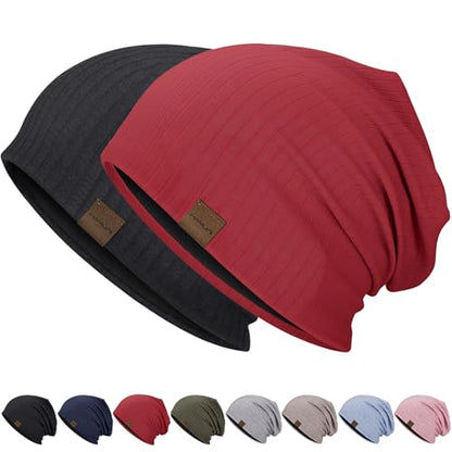 HAMUNI Slouchy Beanie for Men Women Soft Lightweight Chemo Headwear - color: Black+wine Red