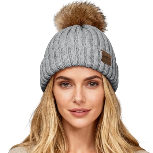 ZOORON Womens Winter Knitted Beanie Hat with Faux Fur Pom Beanie Warm Knit Skull Cap Beanie for Women - color: 1pack Light Grey