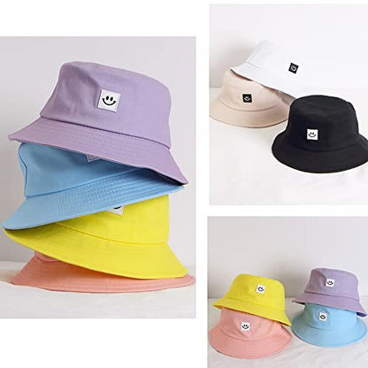 Kids Sun Hat Smile Face Bucket Hat for Girls Boys Summer Sun Protection Cotton Unisex Beach Cap - color: Black
