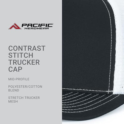 Pacific Headwear Contrast Stitch Trucker Pacflex Snapback Cap - color: Black/White/Black