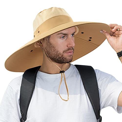 Super Wide Brim Fishing Hat UPF 50+ Sun Safari Hat with Removable Neck Face Flap - color: Khaki