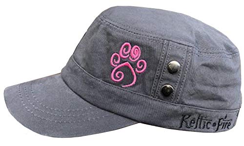 Womans Cadet Style Short Brim Hat Featuring Celtic Design Paw Print (Pink on Gray)