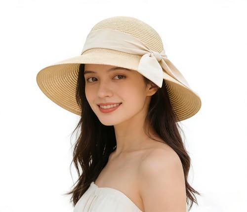 Foldable Wide Brim Straw Sun Hat for Women, UV Protection Packable Travel Summer Beach Hat Cream Color Lightweight Outdoor Festival Sun Hat