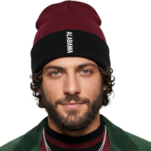 Daxton Vertical USA Cities Cuffed Beanie, Winter Knit Hat Skully Cap for Men Women, City Pride Daily Headwear - color: Alabama Burgundy Black White