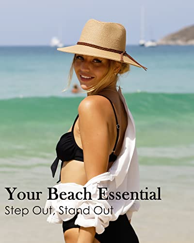 FURTALK Womens Wide Brim Sun Hat Beach Panama Fedora Straw Summer - color: Black, size: Large-X-Large
