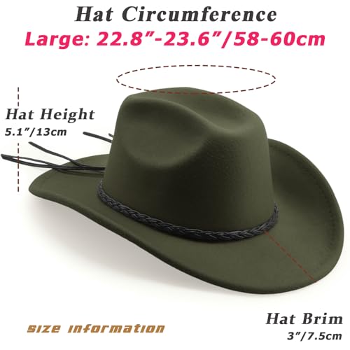 DRESHOW Western Cowboy Hat for Men Women Cowboy Cowgirl Hat Outdoor Wide Brim Retro Felt Fedora Hats Unisex Rolled up Caps - color: 1 Pack Style 9: Army Green With Braided Band